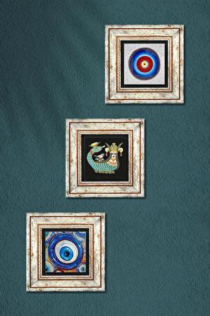 Nazar, Şahmeran Taş Duvar Tablosu Çerçeveli Duvar Dekoru 3 Parça Tablo Seti Wall Art