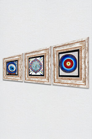 Nazar, Çini Sanatı Taş Duvar Tablosu Çerçeveli Duvar Dekoru 3 Parça Tablo Seti Wall Art
