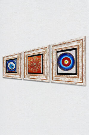 Nazar, Sri Yantra Taş Duvar Tablosu Çerçeveli Duvar Dekoru 3 Parça Tablo Seti Wall Art
