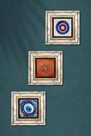 Nazar, Sri Yantra Taş Duvar Tablosu Çerçeveli Duvar Dekoru 3 Parça Tablo Seti Wall Art