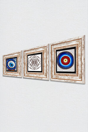 Nazar, Sri Yantra Taş Duvar Tablosu Çerçeveli Duvar Dekoru 3 Parça Tablo Seti Wall Art