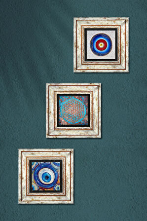 Nazar, Yaşam Çiçeği Taş Duvar Tablosu Çerçeveli Duvar Dekoru 3 Parça Tablo Seti Wall Art