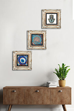 Nazar, Yaşam Çiçeği, Fatma Ana Eli (Hamsa) Taş Duvar Tablosu Çerçeveli Duvar Dekoru 3 Parça Tablo Seti Wall Art
