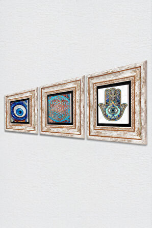 Nazar, Yaşam Çiçeği, Fatma Ana Eli (Hamsa) Taş Duvar Tablosu Çerçeveli Duvar Dekoru 3 Parça Tablo Seti Wall Art