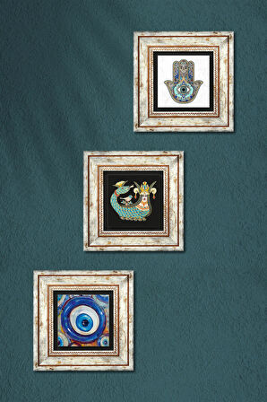 Nazar, Şahmeran, Fatma Ana Eli (Hamsa) Taş Duvar Tablosu Çerçeveli Duvar Dekoru 3 Parça Tablo Seti Wall Art