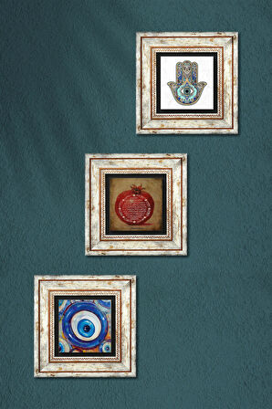 Nazar, Bereket Duası, Fatma Ana Eli (Hamsa) Taş Duvar Tablosu Çerçeveli Duvar Dekoru 3 Parça Tablo Seti Wall Art