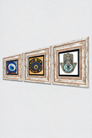 Nazar, Fatma Ana Eli (Hamsa) Taş Duvar Tablosu Çerçeveli Duvar Dekoru 3 Parça Tablo Seti Wall Art