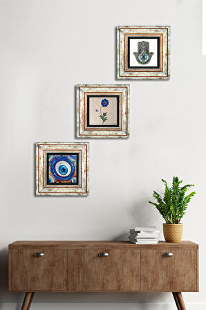 Nazar, Ebru Sanatı, Fatma Ana Eli (Hamsa) Taş Duvar Tablosu Çerçeveli Duvar Dekoru 3 Parça Tablo Seti Wall Art