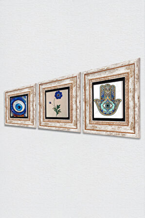 Nazar, Ebru Sanatı, Fatma Ana Eli (Hamsa) Taş Duvar Tablosu Çerçeveli Duvar Dekoru 3 Parça Tablo Seti Wall Art