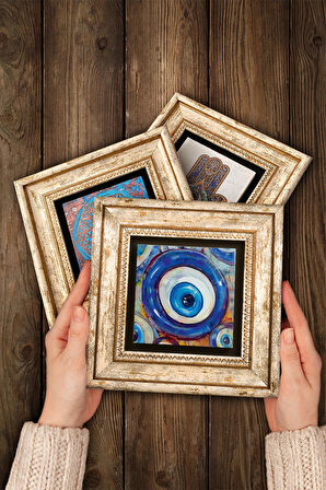 Nazar, Ebru Sanatı, Fatma Ana Eli (Hamsa) Taş Duvar Tablosu Çerçeveli Duvar Dekoru 3 Parça Tablo Seti Wall Art