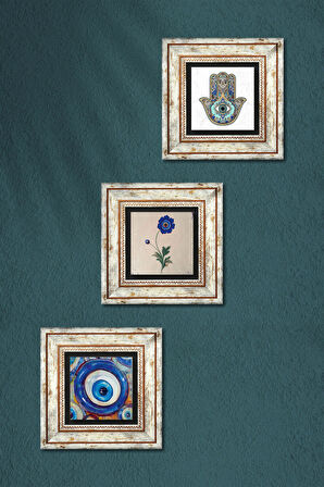 Nazar, Ebru Sanatı, Fatma Ana Eli (Hamsa) Taş Duvar Tablosu Çerçeveli Duvar Dekoru 3 Parça Tablo Seti Wall Art