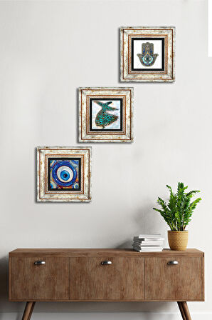 Nazar, Semazen, Fatma Ana Eli (Hamsa) Taş Duvar Tablosu Çerçeveli Duvar Dekoru 3 Parça Tablo Seti Wall Art