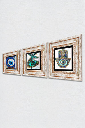 Nazar, Semazen, Fatma Ana Eli (Hamsa) Taş Duvar Tablosu Çerçeveli Duvar Dekoru 3 Parça Tablo Seti Wall Art