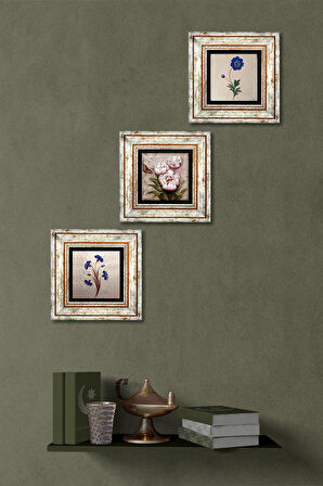 Ebru Sanatı, Kelebekli Çiçek Taş Duvar Tablosu Çerçeveli Duvar Dekoru 3 Parça Tablo Seti Wall Art