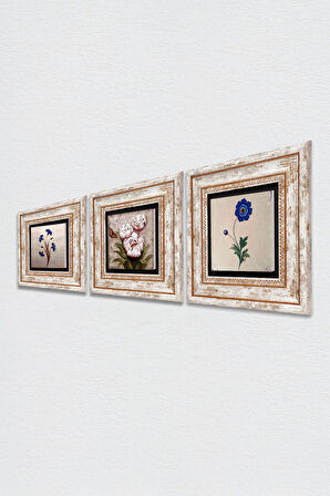 Ebru Sanatı, Kelebekli Çiçek Taş Duvar Tablosu Çerçeveli Duvar Dekoru 3 Parça Tablo Seti Wall Art