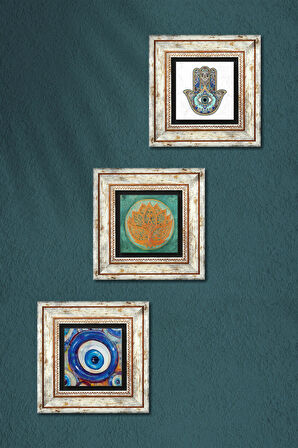 Nazar, Lotus Çiçeği, Fatma Ana Eli (Hamsa) Taş Duvar Tablosu Çerçeveli Duvar Dekoru 3 Parça Tablo Seti Wall Art