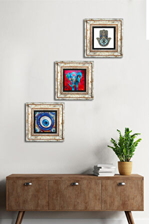 Nazar, Fil, Fatma Ana Eli (Hamsa) Taş Duvar Tablosu Çerçeveli Duvar Dekoru 3 Parça Tablo Seti Wall Art