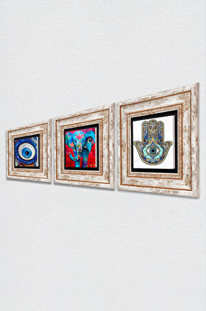 Nazar, Fil, Fatma Ana Eli (Hamsa) Taş Duvar Tablosu Çerçeveli Duvar Dekoru 3 Parça Tablo Seti Wall Art