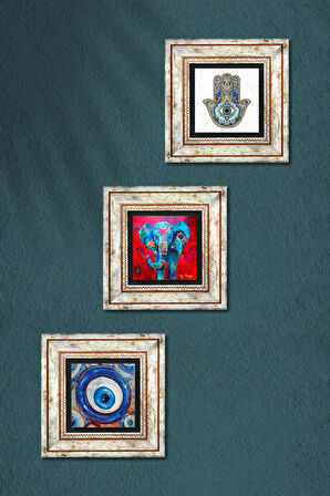 Nazar, Fil, Fatma Ana Eli (Hamsa) Taş Duvar Tablosu Çerçeveli Duvar Dekoru 3 Parça Tablo Seti Wall Art