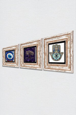 Nazar, Hayat Ağacı, Fatma Ana Eli (Hamsa) Taş Duvar Tablosu Çerçeveli Duvar Dekoru 3 Parça Tablo Seti Wall Art