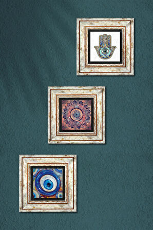 Nazar, Mandala, Fatma Ana Eli (Hamsa) Taş Duvar Tablosu Çerçeveli Duvar Dekoru 3 Parça Tablo Seti Wall Art