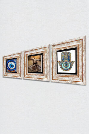 Nazar, Semazen, Fatma Ana Eli (Hamsa) Taş Duvar Tablosu Çerçeveli Duvar Dekoru 3 Parça Tablo Seti Wall Art