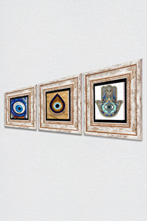 Nazar, Fatma Ana Eli (Hamsa) Taş Duvar Tablosu Çerçeveli Duvar Dekoru 3 Parça Tablo Seti Wall Art