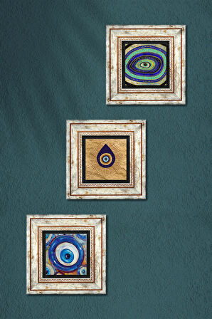 Nazar Taş Duvar Tablosu Çerçeveli Duvar Dekoru 3 Parça Tablo Seti Wall Art