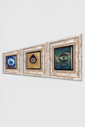 Nazar Taş Duvar Tablosu Çerçeveli Duvar Dekoru 3 Parça Tablo Seti Wall Art