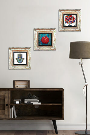 Nar Ağacı, Nar, Fatma Ana Eli (Hamsa) Taş Duvar Tablosu Çerçeveli Duvar Dekoru 3 Parça Tablo Seti Wall Art