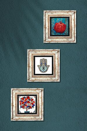 Nar Ağacı, Nar, Fatma Ana Eli (Hamsa) Taş Duvar Tablosu Çerçeveli Duvar Dekoru 3 Parça Tablo Seti Wall Art