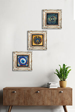 Nazar Taş Duvar Tablosu Çerçeveli Duvar Dekoru 3 Parça Tablo Seti Wall Art