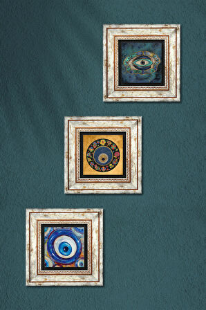 Nazar Taş Duvar Tablosu Çerçeveli Duvar Dekoru 3 Parça Tablo Seti Wall Art