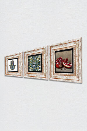 Hayat Ağacı, Nar, Fatma Ana Eli (Hamsa) Taş Duvar Tablosu Çerçeveli Duvar Dekoru 3 Parça Tablo Seti Wall Art