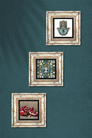 Hayat Ağacı, Nar, Fatma Ana Eli (Hamsa) Taş Duvar Tablosu Çerçeveli Duvar Dekoru 3 Parça Tablo Seti Wall Art