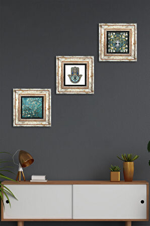Hayat Ağacı, Van Gogh Badem Ağacı, Fatma Ana Eli (Hamsa) Taş Duvar Tablosu Çerçeveli Duvar Dekoru 3 Parça Tablo Seti Wall Art