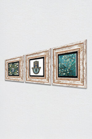 Hayat Ağacı, Van Gogh Badem Ağacı, Fatma Ana Eli (Hamsa) Taş Duvar Tablosu Çerçeveli Duvar Dekoru 3 Parça Tablo Seti Wall Art
