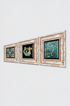 Hayat Ağacı, Van Gogh Badem Ağacı, Şahmeran Taş Duvar Tablosu Çerçeveli Duvar Dekoru 3 Parça Tablo Seti Wall Art
