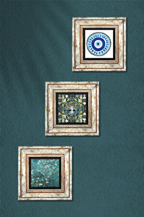 Nazar, Hayat Ağacı, Van Gogh Badem Ağacı Taş Duvar Tablosu Çerçeveli Duvar Dekoru 3 Parça Tablo Seti Wall Art