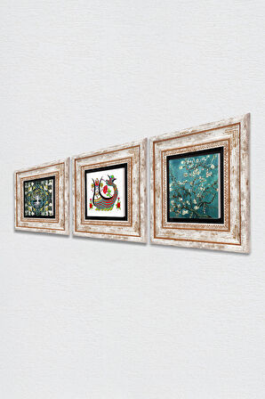 Hayat Ağacı, Şahmeran, Van Gogh Badem Ağacı Taş Duvar Tablosu Çerçeveli Duvar Dekoru 3 Parça Tablo Seti Wall Art