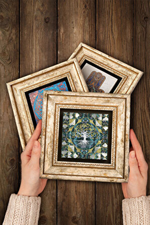 Hayat Ağacı, Şahmeran, Van Gogh Badem Ağacı Taş Duvar Tablosu Çerçeveli Duvar Dekoru 3 Parça Tablo Seti Wall Art