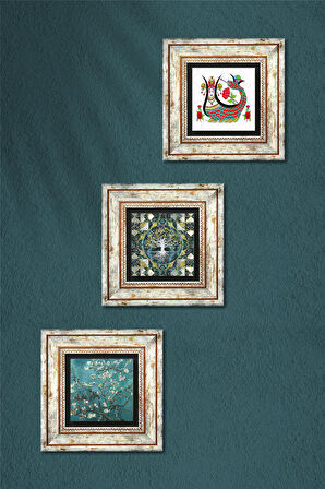 Hayat Ağacı, Şahmeran, Van Gogh Badem Ağacı Taş Duvar Tablosu Çerçeveli Duvar Dekoru 3 Parça Tablo Seti Wall Art