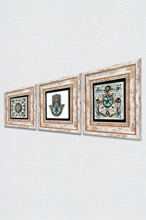 Çini Sanatı, Fatma Ana Eli (Hamsa) Taş Duvar Tablosu Çerçeveli Duvar Dekoru 3 Parça Tablo Seti Wall Art