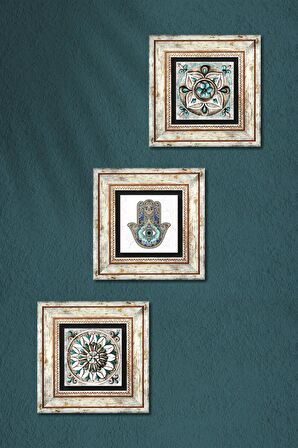 Çini Sanatı, Fatma Ana Eli (Hamsa) Taş Duvar Tablosu Çerçeveli Duvar Dekoru 3 Parça Tablo Seti Wall Art