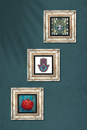 Hayat Ağacı, Fatma Ana Eli (Hamsa), Nar Taş Duvar Tablosu Çerçeveli Duvar Dekoru 3 Parça Tablo Seti Wall Art