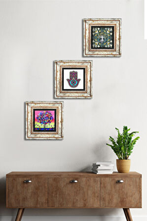 Hayat Ağacı, Fatma Ana Eli (Hamsa) Taş Duvar Tablosu Çerçeveli Duvar Dekoru 3 Parça Tablo Seti Wall Art