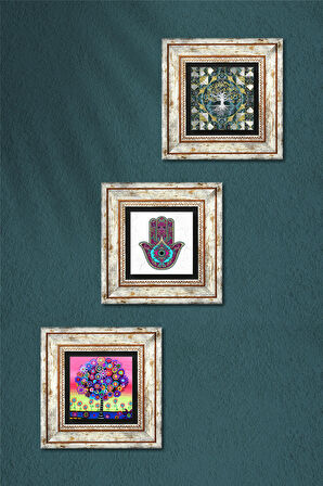 Hayat Ağacı, Fatma Ana Eli (Hamsa) Taş Duvar Tablosu Çerçeveli Duvar Dekoru 3 Parça Tablo Seti Wall Art