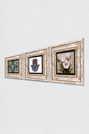 Hayat Ağacı, Fatma Ana Eli (Hamsa), Kelebekli Çiçek Taş Duvar Tablosu Çerçeveli Duvar Dekoru 3 Parça Tablo Seti Wall Art