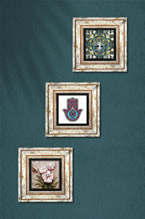 Hayat Ağacı, Fatma Ana Eli (Hamsa), Kelebekli Çiçek Taş Duvar Tablosu Çerçeveli Duvar Dekoru 3 Parça Tablo Seti Wall Art