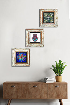 Fatma Ana Eli (Hamsa), Hayat Ağacı Taş Duvar Tablosu Çerçeveli Duvar Dekoru 3 Parça Tablo Seti Wall Art